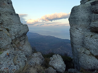 "Valley of ghosts" - mountain plateau on Demerjy mountain. sunset view from top point, 1239m. Crimea, Russia