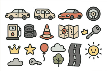 Fototapeta premium Car Doodle Icon Set. Laundry room doodle icon set: hand drawn icons of washing machine, basket, detergent, towel, iron, rope, peg,