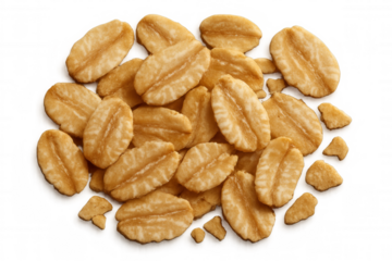 Rolled oats pile on transparent background, uncooked breakfast ingredient for healthy start, top view