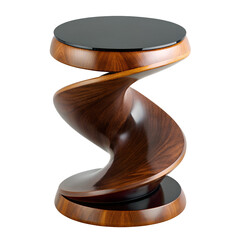 Artistic swirling wooden pedestal side table with glass top modern home decor accent furniture isolated on transparent background