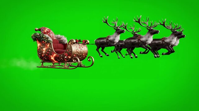 Green Screen santa sleigh flies front alpha matte christmas reindeer night 3d rendering animation 4k scene 3 with distortion, overlay, glitch, static noise, scan lines on black background, animated