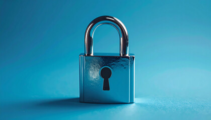 Fototapeta premium Shiny metal padlock on smooth blue background, metallic surface, modern security concept.