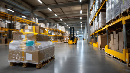 Professional warehouse imagery — multiple pallets aligned along aisle, one in focus showing clear wrapping and balanced stack, bright overhead lighting, with copy space.