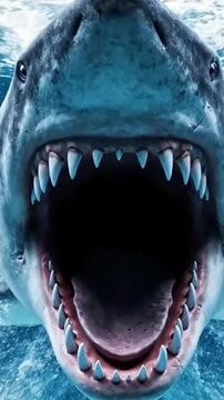 Green Screen great white shark swims to the camera slowly and open its jaws attacks audience scary megalodon with big jaw eats footage has a clean alpha channel in 4k res scene 3 distortion, overlay