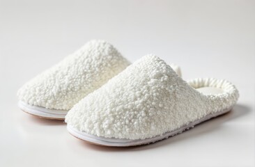 Cozy white slippers resting on a soft surface in a well-lit indoor setting during the day