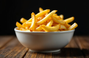 Freshly cooked golden fries piled high in a white bowl on a rustic wooden table against a dark background