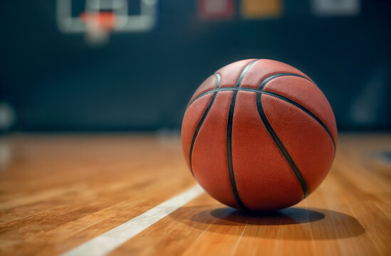 Basketball on wooden court in gym during afternoon practice session with focus on ball and blurred background - Powered by Adobe