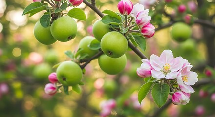 Green Apples and Pink Blossoms on a Tree Branch apple tree