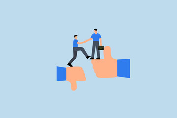 Mentor support, Businessman manager assists colleague transition from thumb down to thumb up