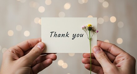 Hands holding a thank you card with a small flower