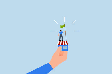 Small business idea, successful entrepreneur waving a victory flag in a small shop held by a gigantic hand