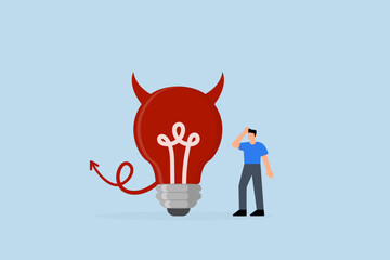 Bad idea cause problem and failure, perplexed entrepreneur staring at evil lightbulb questioning it a poor choice