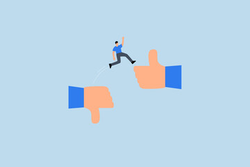 transform to better opportunity, bravery entrepreneur leaping from thumb down to thumb up