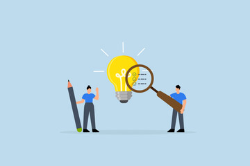 Business viability checking, entrepreneur using magnifying glass examines lightbulb concept