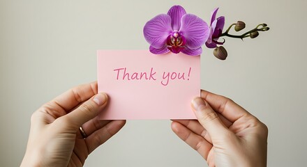 Hands holding pink card with orchid and thank you message