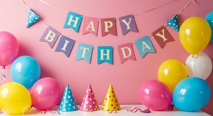 Happy Birthday Banner with Balloons and Party Hats