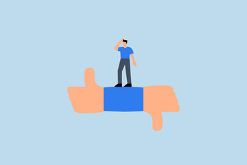 Performance evaluation, considerate entrepreneur reflecting on thumbs up and thumbs down responses