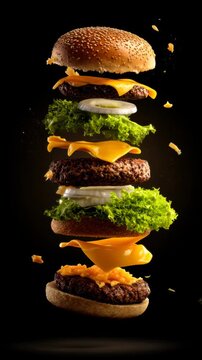 4K Slow Motion of a Deconstructed Burger Levitating on Black.