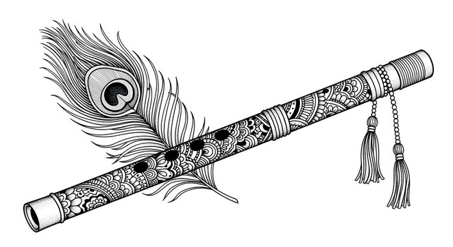 Traditional indian bansuri flute with peacock feather illustration