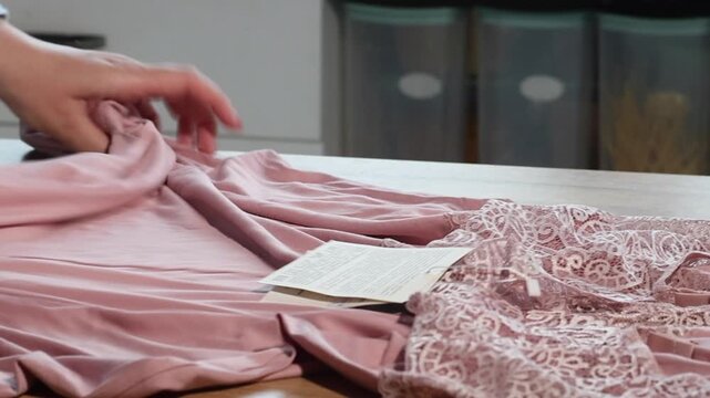 A woman is reviewing a pink lace nightgown. She is laying it out on the table.