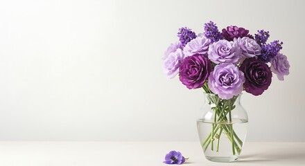 Purple and Lavender Roses in Glass Vase with Single Flower