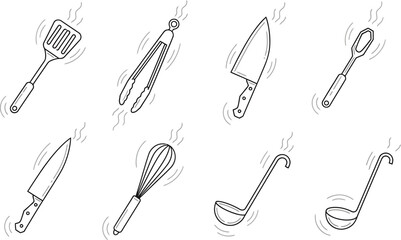 Hand-drawn kitchen utensils, perfect for culinary designs and more