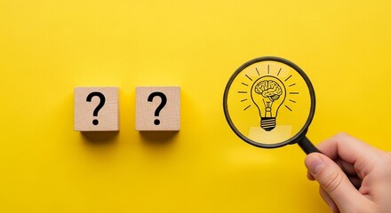 Conceptual image of two question marks on blocks with a magnifying glass over a lightbulb.