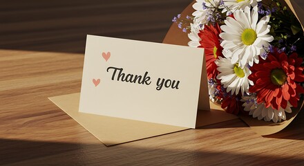 Thank You Card with Flowers on Wooden Surface stock