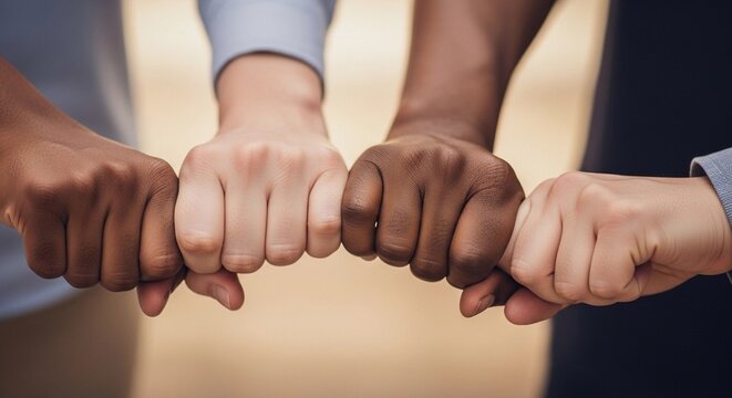 Four diverse hands in a fist bump, symbolizing unity and teamwork across different skin tones.