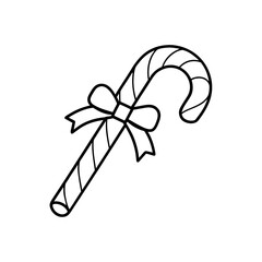 Outlined candy cane with bow on transparent background