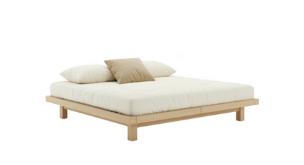 Minimalist wooden platform bed with pillows isolated on transparent background
