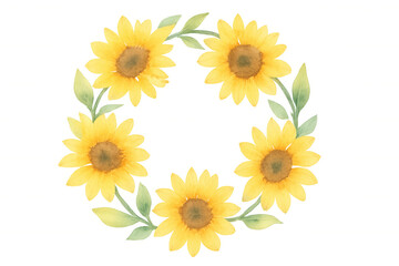 Fototapeta premium Watercolor sunflower wreath creating a frame with yellow flowers and green leaves on transparent background