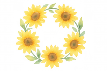 Watercolor sunflower wreath creating a frame with yellow flowers and green leaves on transparent background