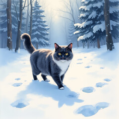 Watercolor illustration of cat walking on fresh snow, leaving paw prints in winter forest