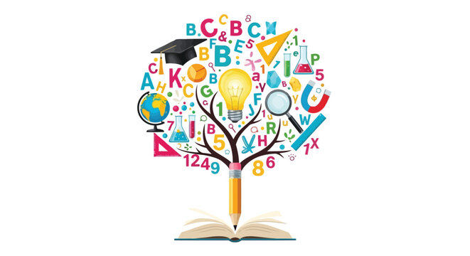 Vector illustration of tree of knowledge with books, lightbulb, letters, numbers, and school supplies