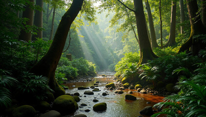 Sunlit forest stream flowing over mossy rocks with dramatic sunbeams piercing through dense green canopy