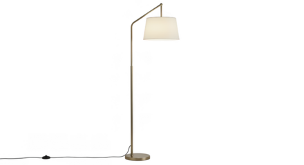 Modern arc floor lamp with white fabric shade isolated on transparent background