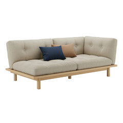 Fototapeta premium Modern beige sectional sofa with wooden frame isolated on transparent background