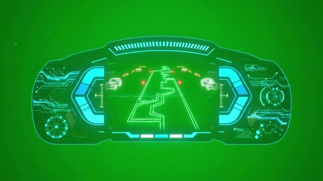 Advanced Driver Assistance with car hud reveal automotive ai detection distortion, green screen overlay, glitch, static noise, scan lines on black background, 4k animated video loop