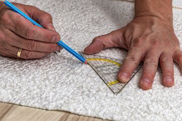 Measuring white boucl&eacute; fabric with scissors and pencil for DIY sofa cover