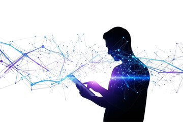 Innovative tech professional using tablet with connected network visualization, embracing digital transformation and future technology for business growth