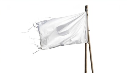 A white flag, tattered at its edges, blows in the wind, attached to a wooden pole