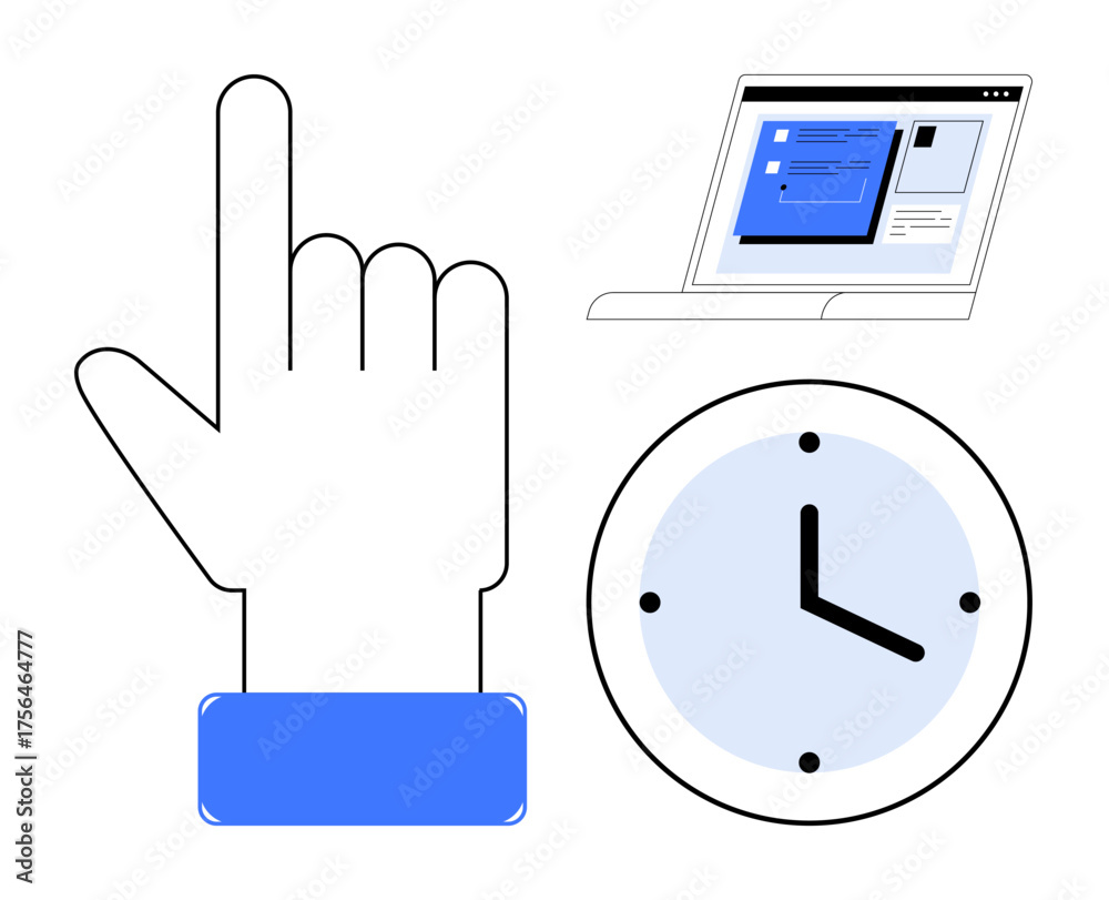 Wall mural hand pointing upward, laptop with a digital interface, and clock indicating productivity tips, focus
