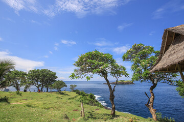 Fototapeta premium Beautiful blue ocean with a small island in the distance