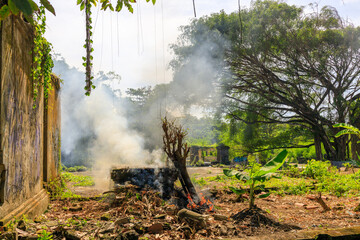 Pile of wood is burning in a field, with smoke rising into the sky