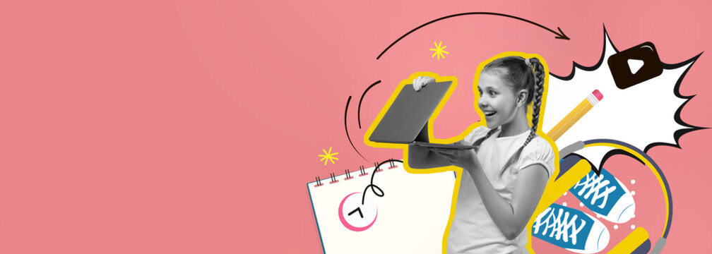 A young girl smiles while holding a laptop, surrounded by colorful sketches and fun elements. The scene captures her enthusiasm for learning, creativity, and technology in a playful collage style.