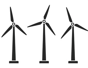 Three silhouetted wind turbines on a white backdrop, representing renewable energy and sustainability