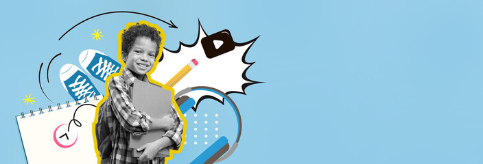 A cheerful child stands holding books, surrounded by colorful school items. The background features playful illustrations such as sneakers and stationery, creating an energetic atmosphere.
