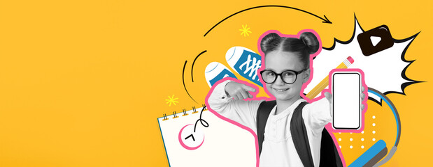 A child with glasses and pigtails proudly shows a smartphone while surrounded by school supplies and playful graphic elements. This lively scene reflects learning and creativity.