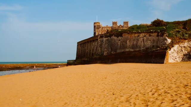 Kingsgate Bay beach and castle, Broadstairs, Kent, England, UK, with chalk cliffs, sandy cove and clifftop views